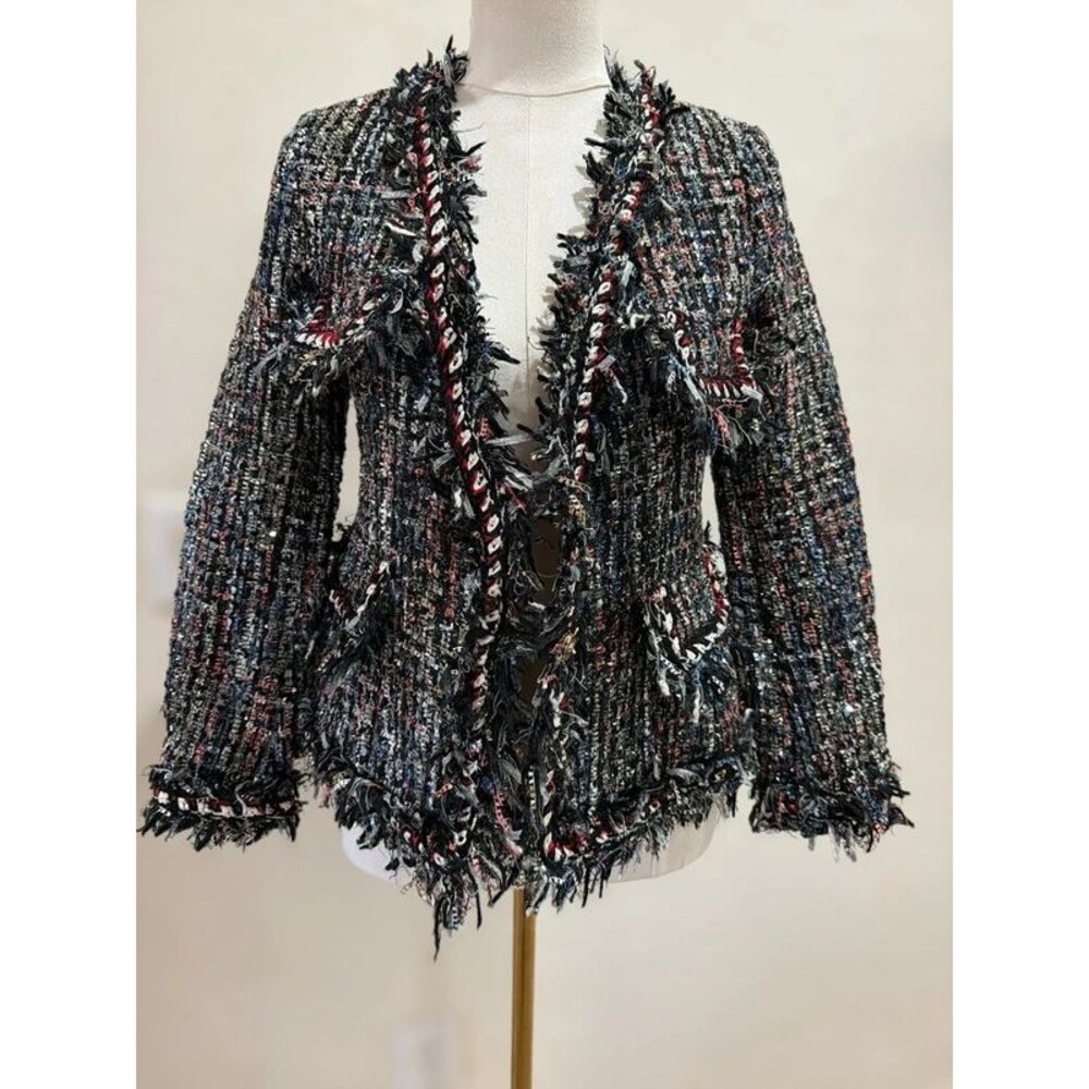 Zijiao Ladies Clothing Tweed Fringe Jacket Multicolor Sequin Boucle